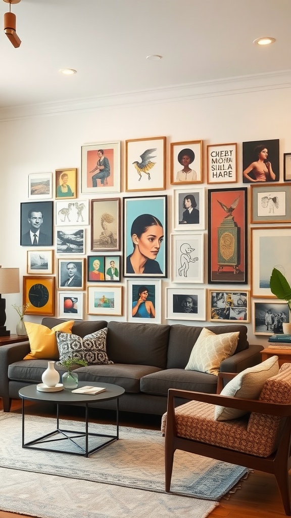 A cozy living room featuring a gallery wall filled with diverse art pieces, framed in various styles.