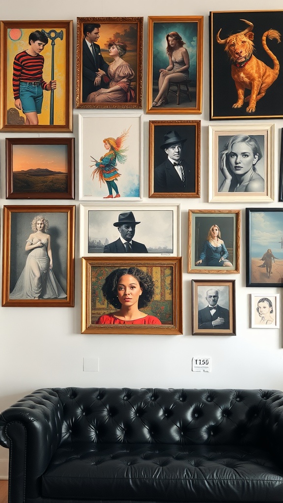 A black leather couch in front of a colorful gallery wall featuring various portraits and art pieces.