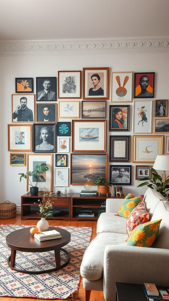 A cozy living room featuring a large artistic gallery wall filled with diverse framed artwork, a comfortable sofa, and a coffee table.