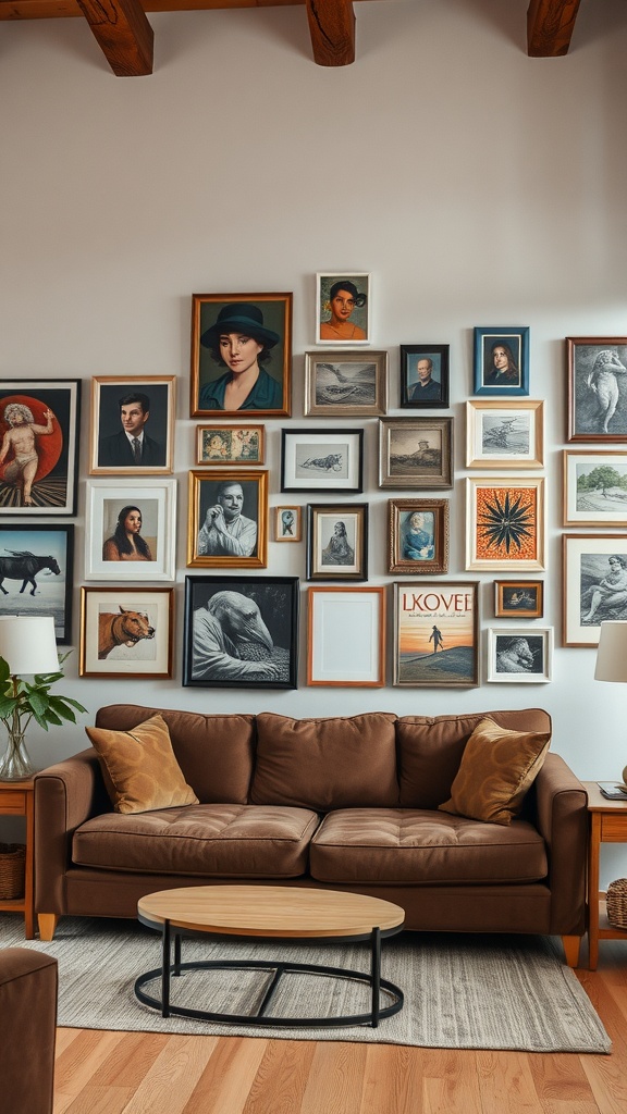 A cozy living room with a brown couch and an artistic gallery wall featuring a variety of framed artworks.