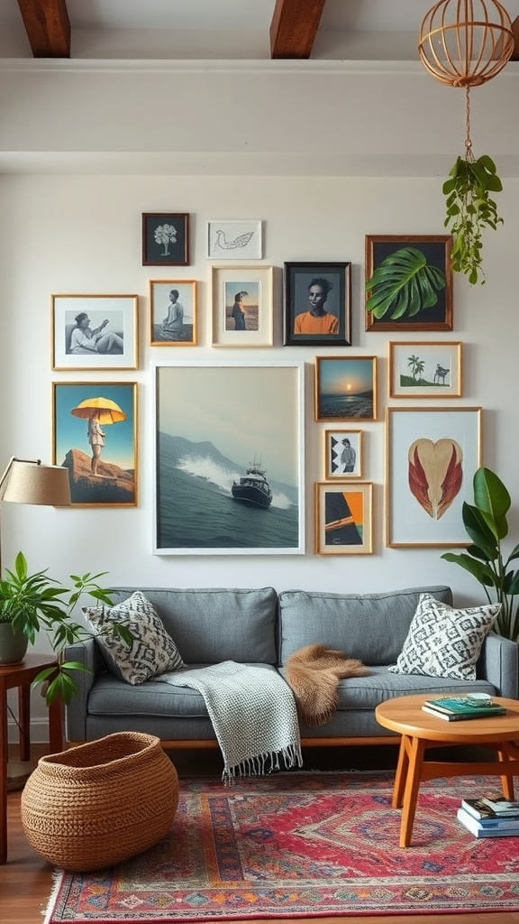 A cozy living room with a gallery wall filled with various framed artworks, plants, and a comfortable sofa.