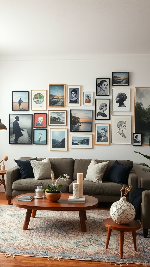 A cozy living room featuring a large gallery wall with various framed artworks above a comfortable sofa.