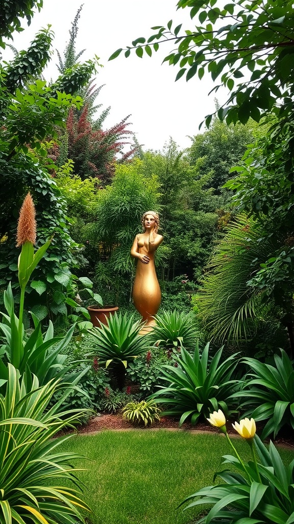 A golden garden sculpture surrounded by lush green plants and flowers