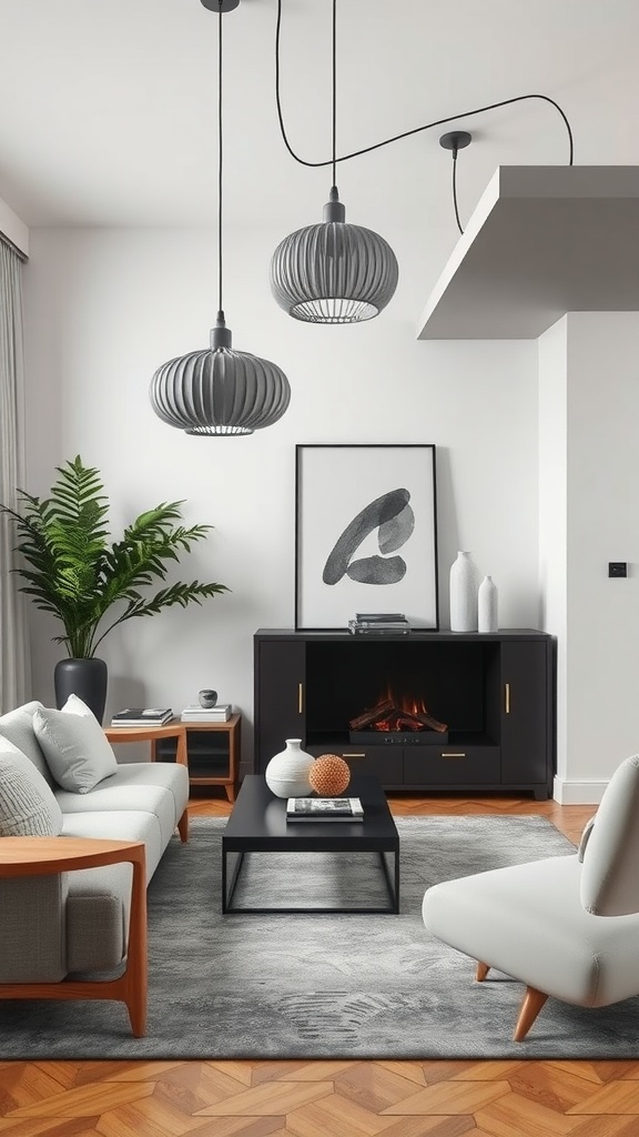 A modern gray living room featuring stylish pendant lighting, a cozy seating area, and a warm color palette.