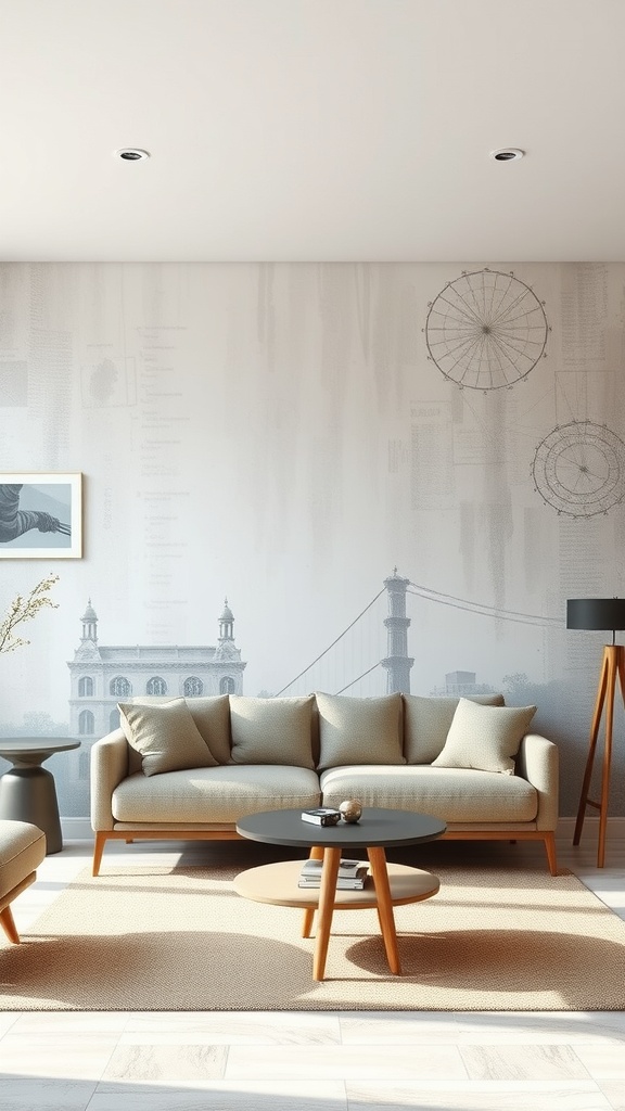 Living room featuring a grey and beige wall mural with a subtle cityscape and artistic elements.