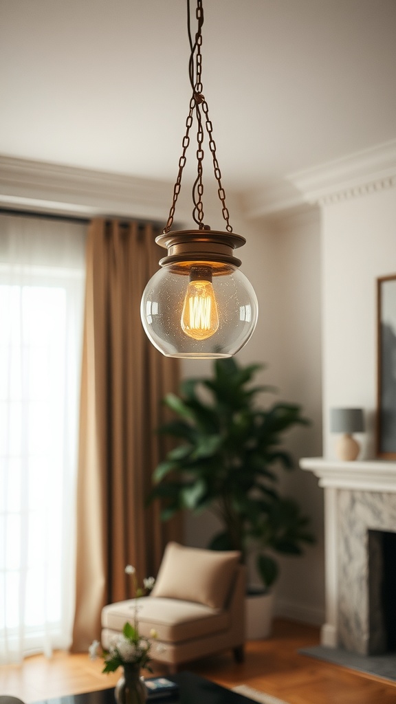 Hanging glass pendant light in a cozy living room setting