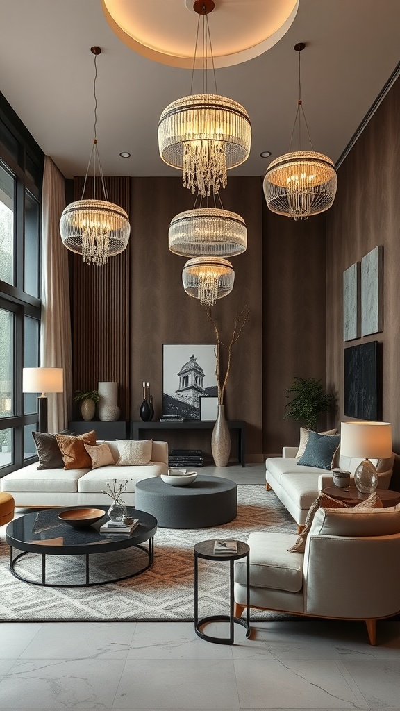 A stylish living room featuring artistic hanging light fixtures.