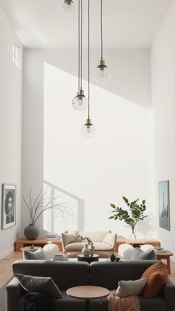 A sunken living room featuring artistic pendant lighting, natural elements, and a cozy atmosphere.