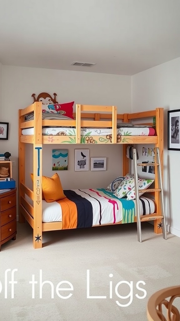 A cozy loft bed with custom paint and bright bedding, showcasing a warm wooden structure and playful colors.