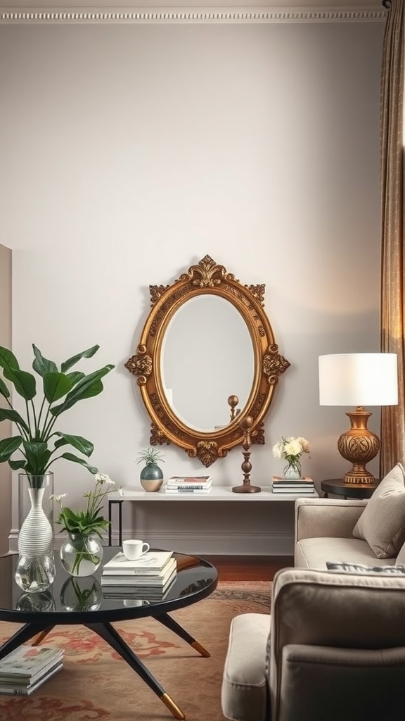 A cozy living room featuring an ornate gold mirror, a stylish coffee table, and some greenery.