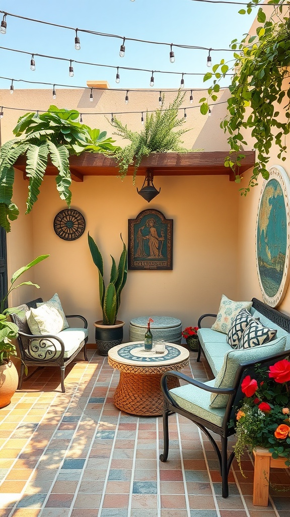 A cozy outdoor seating area featuring mosaic designs with lush plants and string lights overhead.