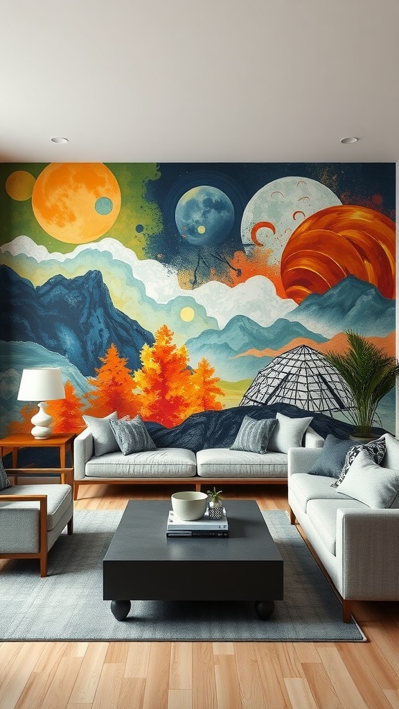 A living room featuring a colorful cosmic mural with planets and mountains.