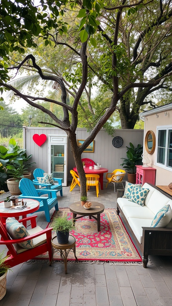 Colorful outdoor living room with vibrant furniture, a tree, and decorative plants.