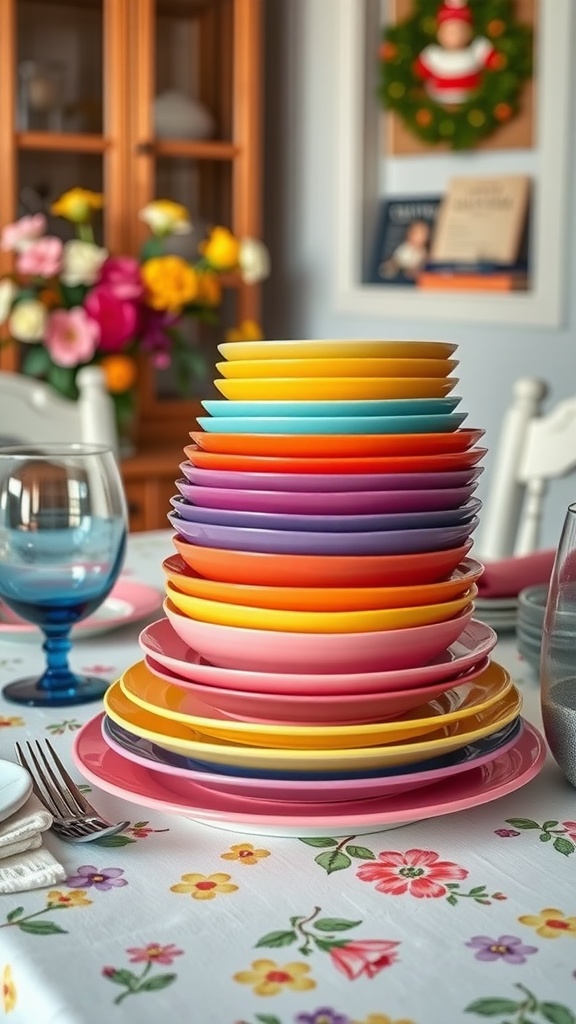 A colorful stack of plates on a floral tablecloth, surrounded by glasses and cutlery, perfect for spring dinner decor.