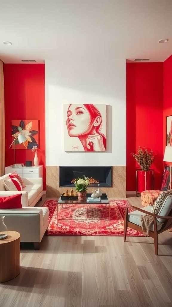 A living room with red walls, white furniture, and an artistic portrait.