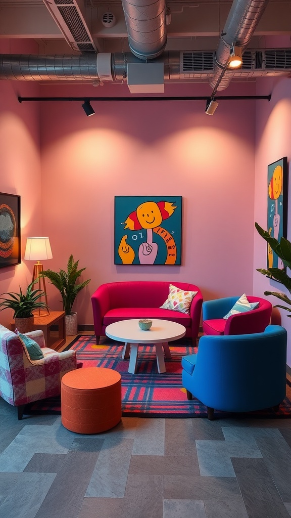 A colorful living room featuring pink walls, vibrant furniture, and playful artwork.