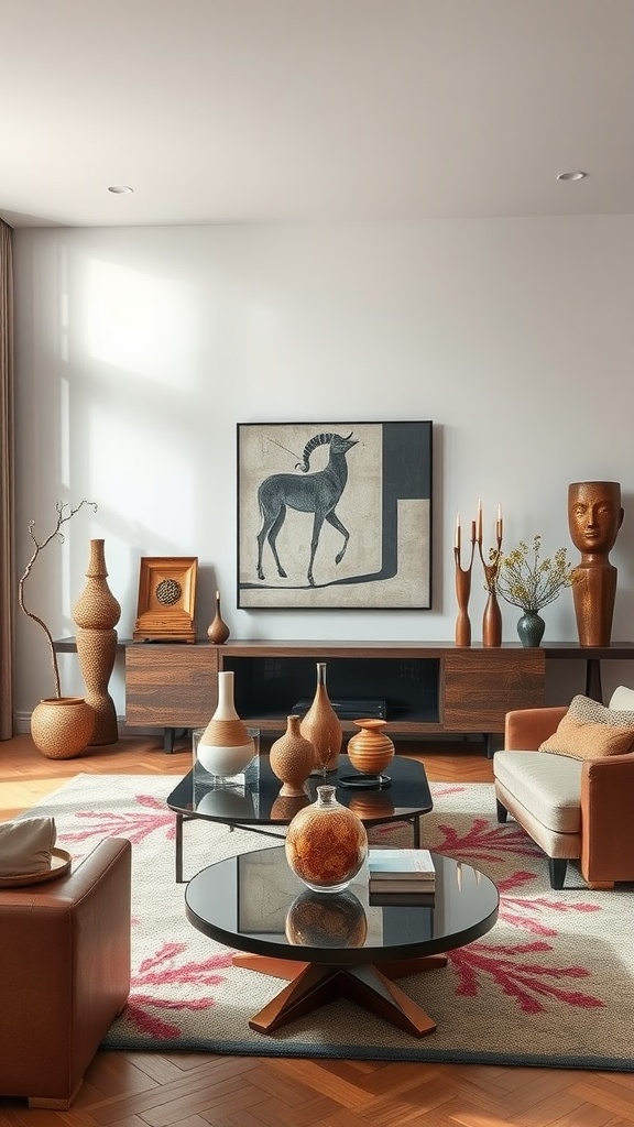 Elegant living room featuring artistic statement pieces with a horse painting, vases, and warm colors