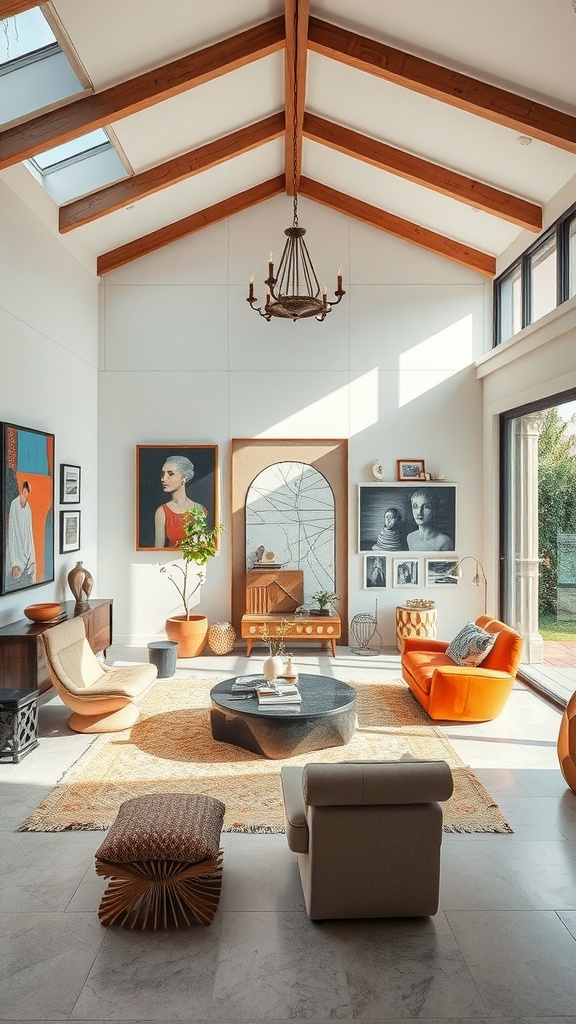 A sunken living room designed as an artistic gallery with vibrant paintings, cozy seating, and natural light.