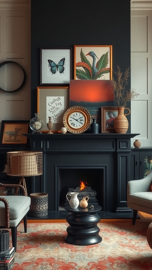 Living room featuring a black fireplace surrounded by framed artwork and stylish furniture.