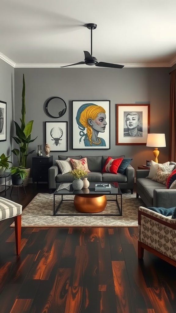 A stylish living room with dark wood floors, featuring artistic wall art, cozy furniture, plants, and warm lighting.