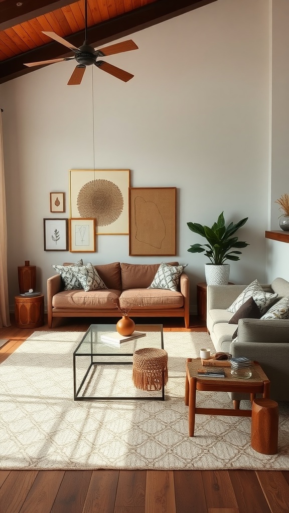 A cozy living room featuring brown and white sofas, patterned cushions, natural elements, and artistic wall decor.