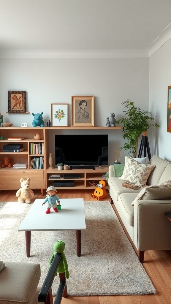 A cozy living room featuring artistic toy displays including plush toys, framed art, and a doll on the coffee table.