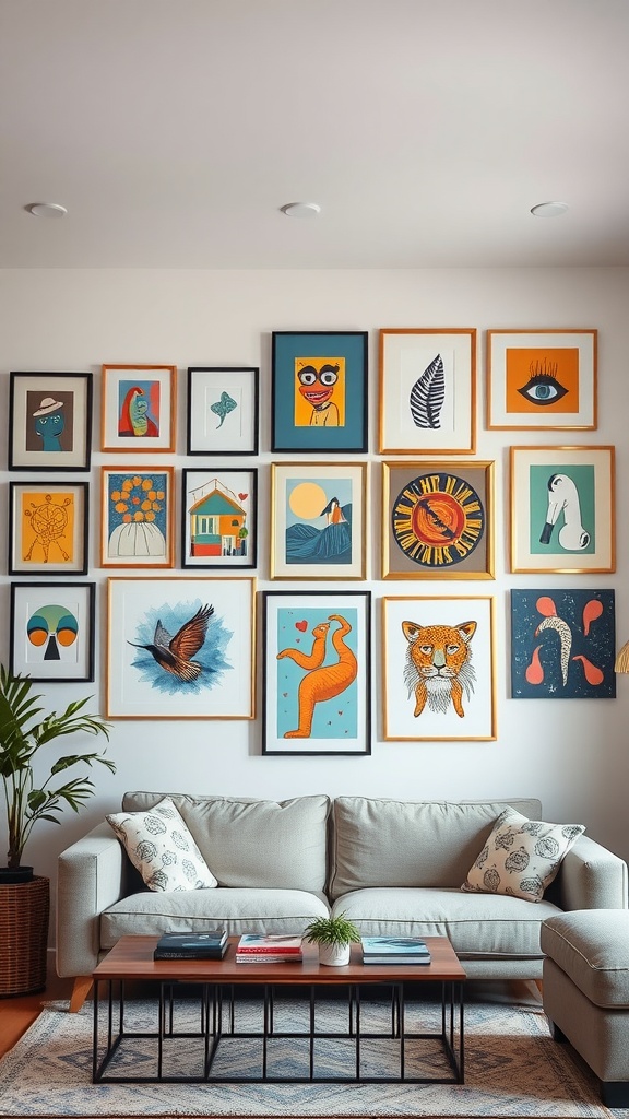 A living room with a gallery wall of colorful framed artworks above a light gray sofa.