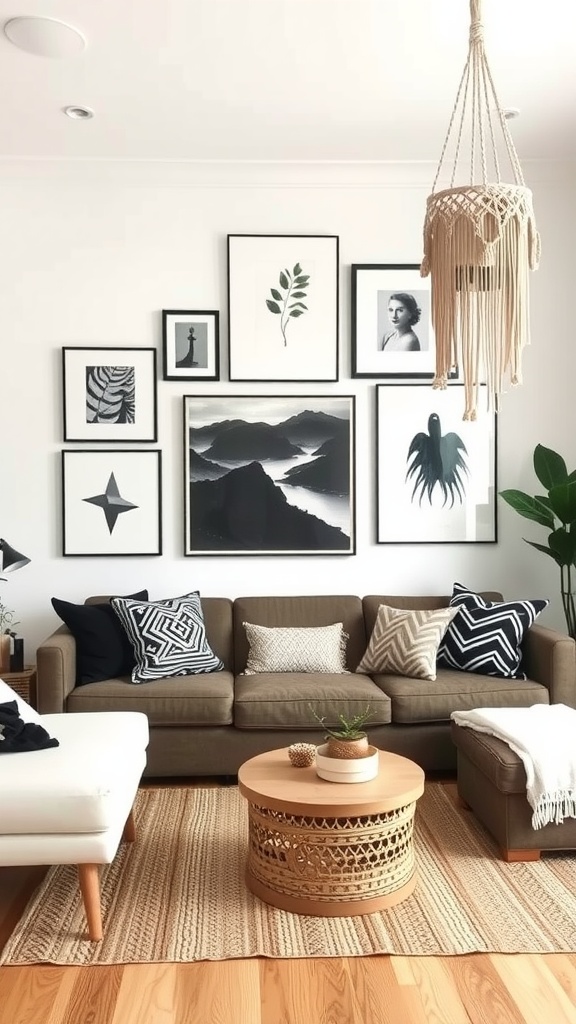 A boho living room featuring black and white wall art with a cozy sofa and a wooden coffee table