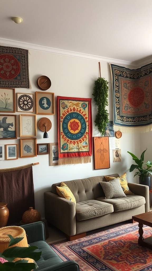 A cozy living room with dark boho decor featuring artistic wall hangings and framed pictures.