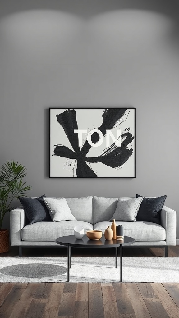 Living room featuring a grey sofa, round black coffee table, and abstract black and white wall art.