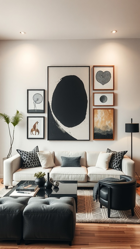 A stylish living room featuring a beige couch, black accent chairs, and monochrome wall art with various frames.