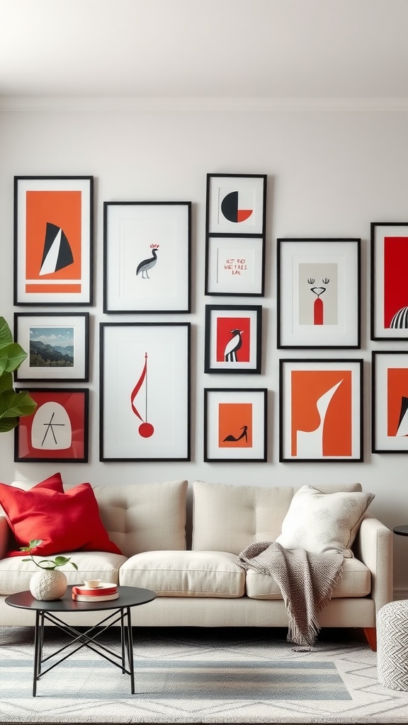 A living room with an artistic wall gallery featuring black, red, and white framed artworks, complemented by a cozy sofa and modern coffee table.