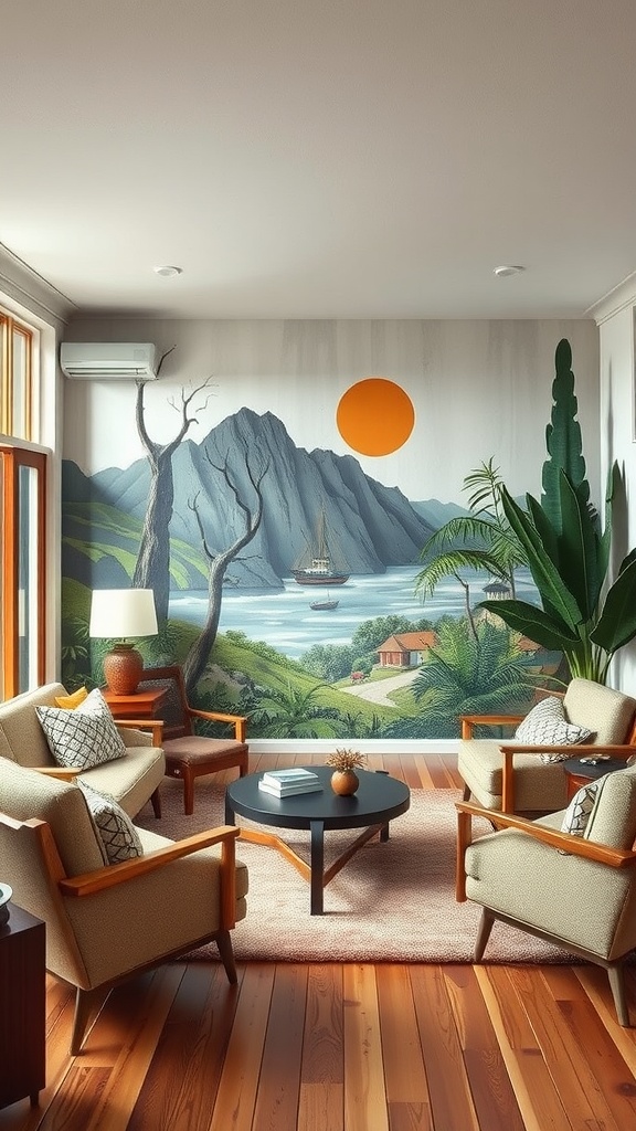 A sunken living room featuring a mural of mountains and a sunset over water, with cozy seating and wooden flooring.