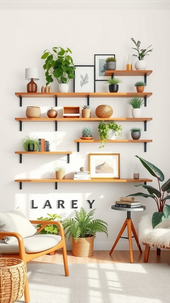 Artistic wall shelves adorned with plants and decor items in a cozy living room setting.