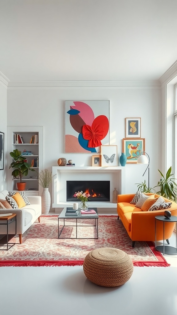 A bright and colorful living room featuring an orange sofa, a cozy rug, and vibrant artwork on the walls.