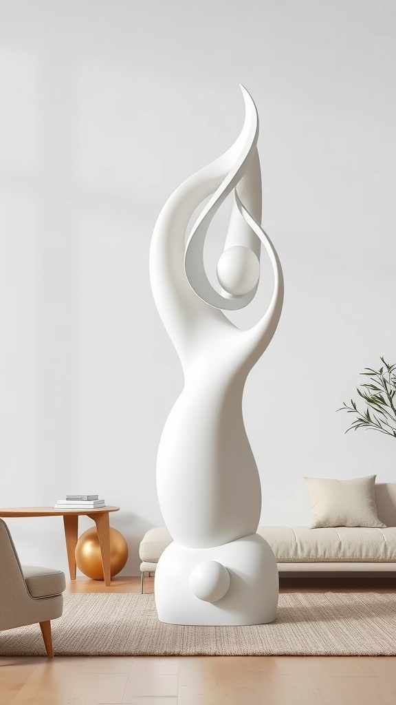 A tall artistic white sculpture with gold details in a modern living room setting.