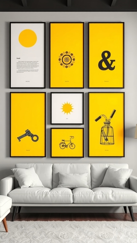 A collection of yellow wall art framed in black displayed above a white couch in a living room.