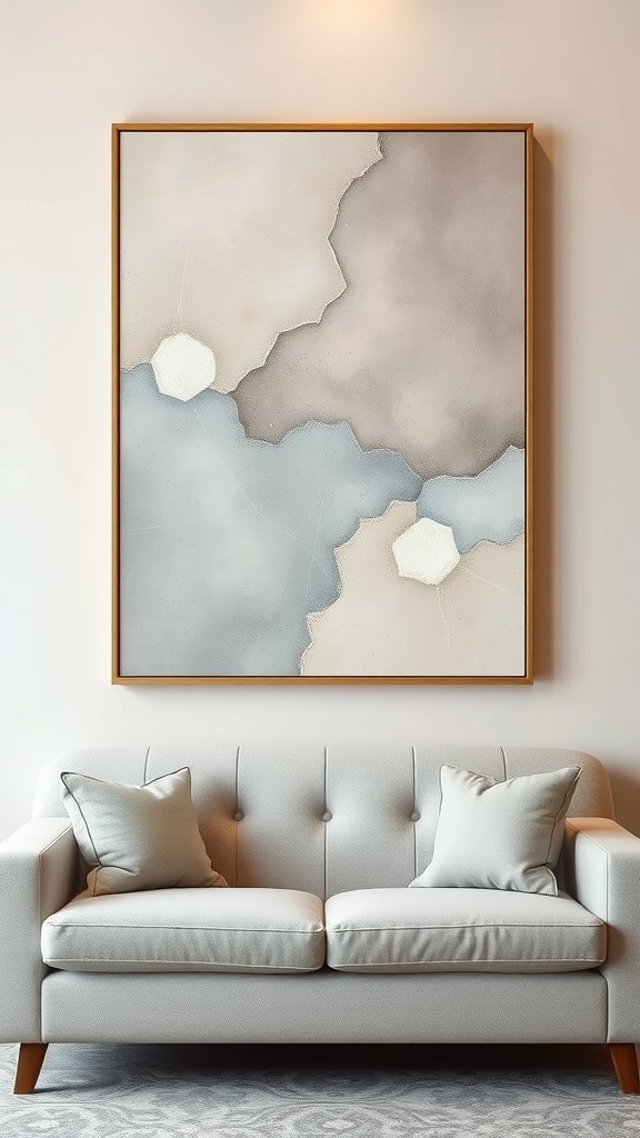 Abstract artwork featuring grey and beige tones above a neutral-colored sofa.