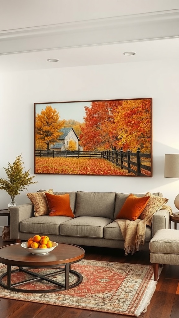 A cozy living room with autumn-themed wall art featuring a barn and colorful fall trees.