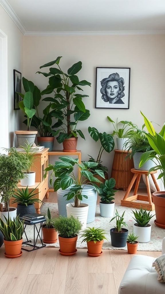 A cozy living room corner filled with a variety of plants in different pots, creating an awkward but charming arrangement.