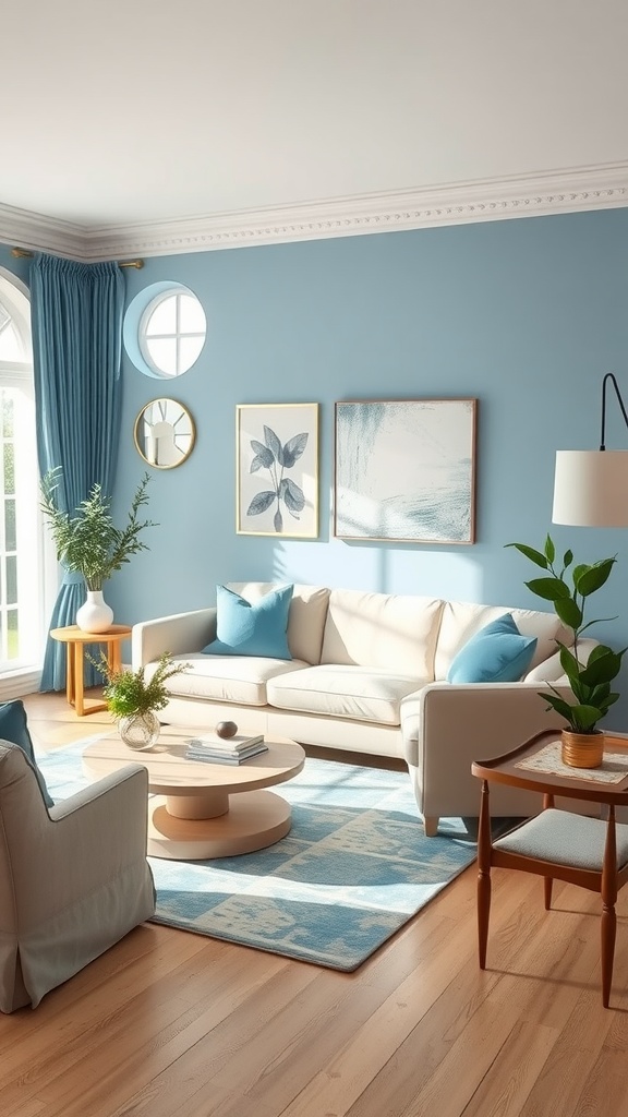 Living room featuring azure walls, cream furniture, and vibrant plants.