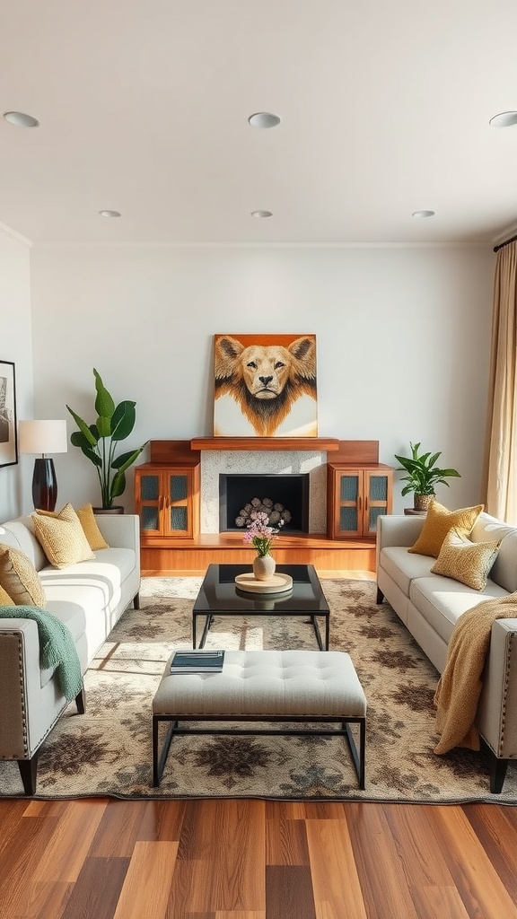 A neutral living room featuring balanced symmetry with sofas facing each other, a central coffee table, and lion artwork on the wall.