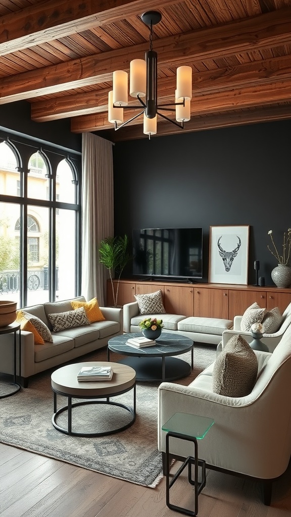 A modern western living room featuring soft sofas, a round coffee table, and wooden beams with a stylish chandelier.