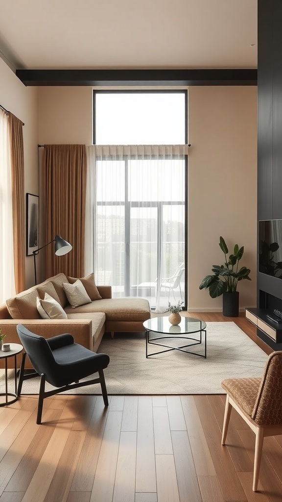 A cozy living room with a tan sofa, black accents, and lots of natural light.