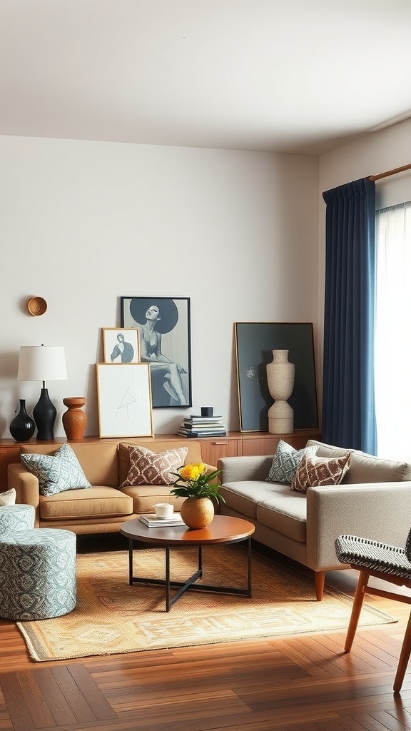 A midcentury modern living room featuring a mix of patterned and solid furniture, decorative art, and natural elements.