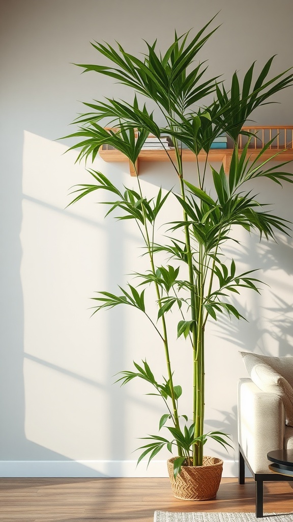 A tall Bamboo Palm in a living room setting, showcasing its lush green leaves and slender stalks, with sunlight streaming in.