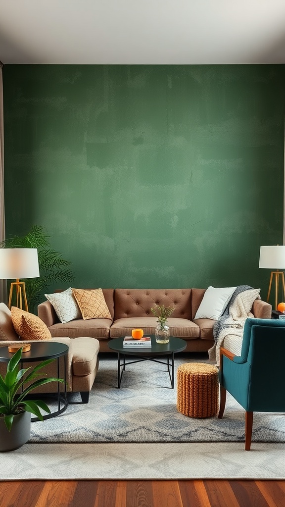 Living room with a basil green accent wall, cozy couch, and stylish decor