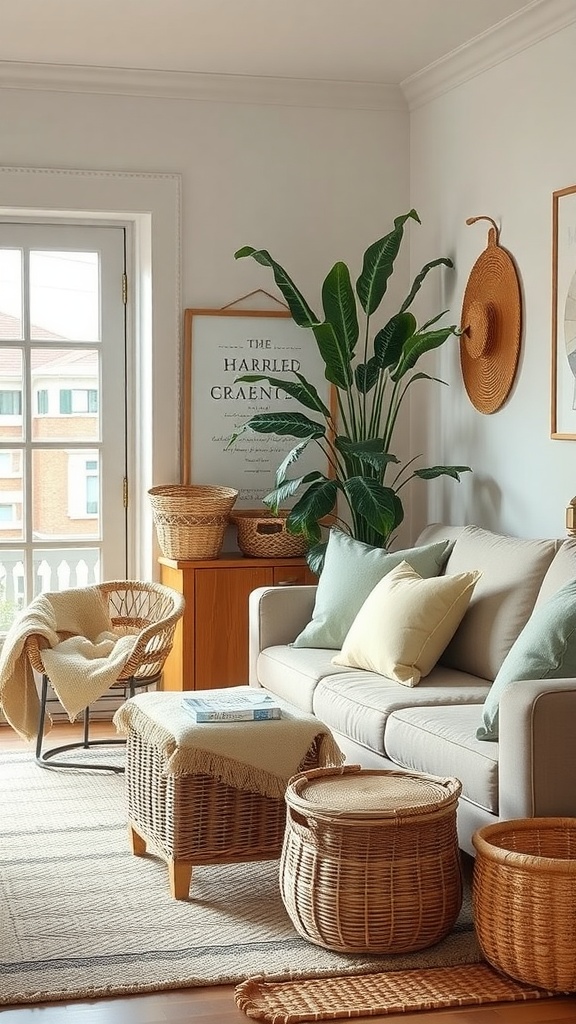 Cozy living room featuring woven baskets for storage and greenery.