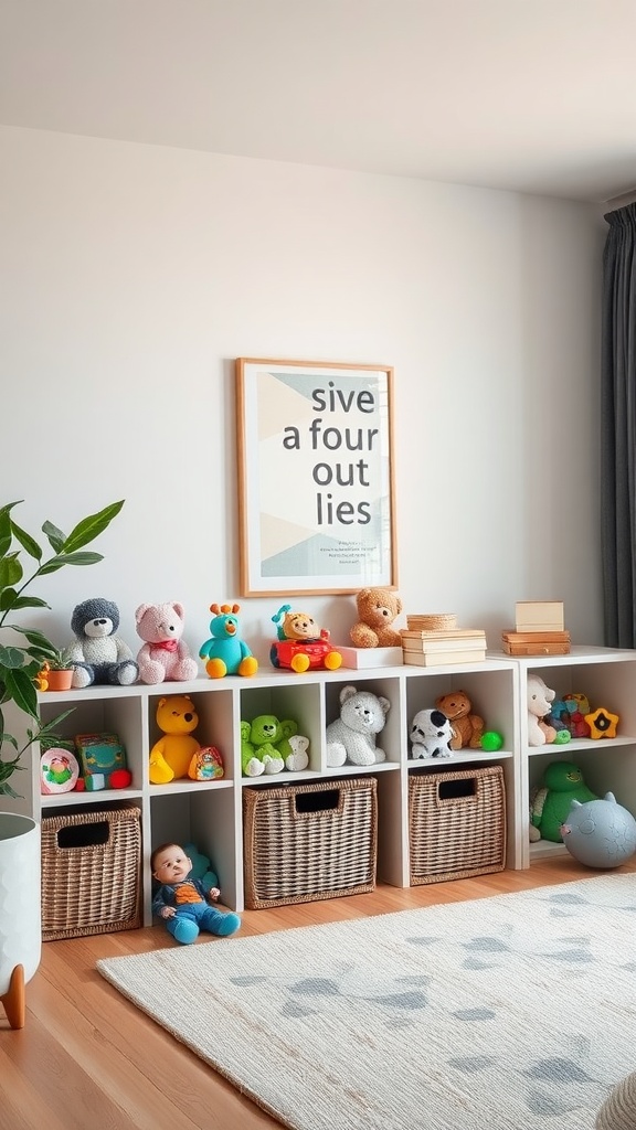 Living room showing basketweave storage cubes filled with colorful toys and a cozy atmosphere.