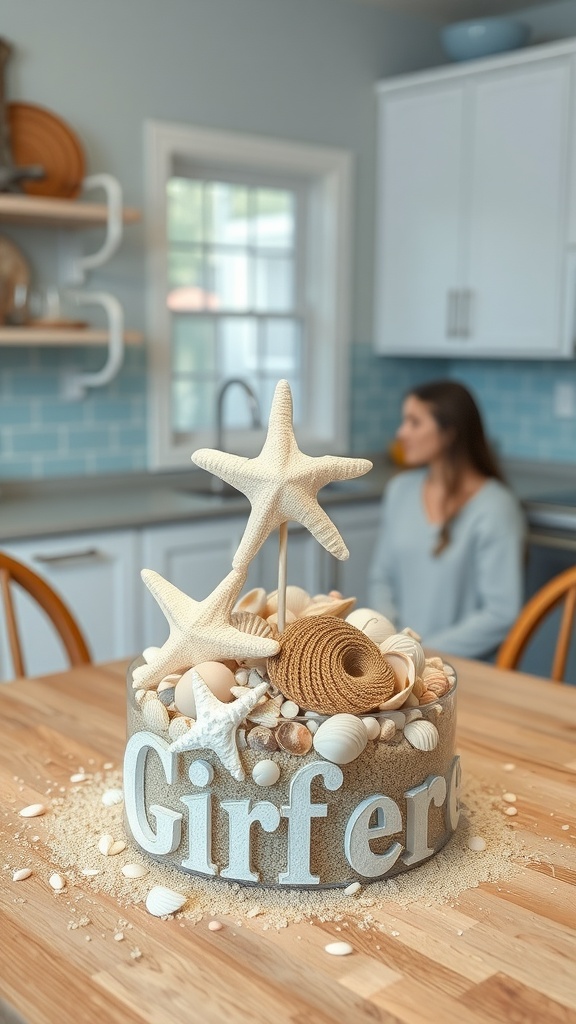 A beach-inspired shell centerpiece on a kitchen table featuring various seashells and starfish, with a cozy atmosphere.